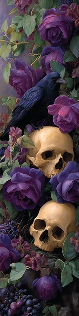 Free dark romance bookmark featuring skulls and purple flowers